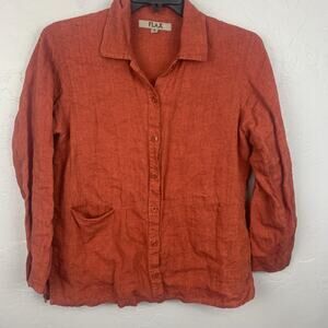 FLAX Shirt Womens Small Orange 100% Linen Button Front Pocket Top Lightweight